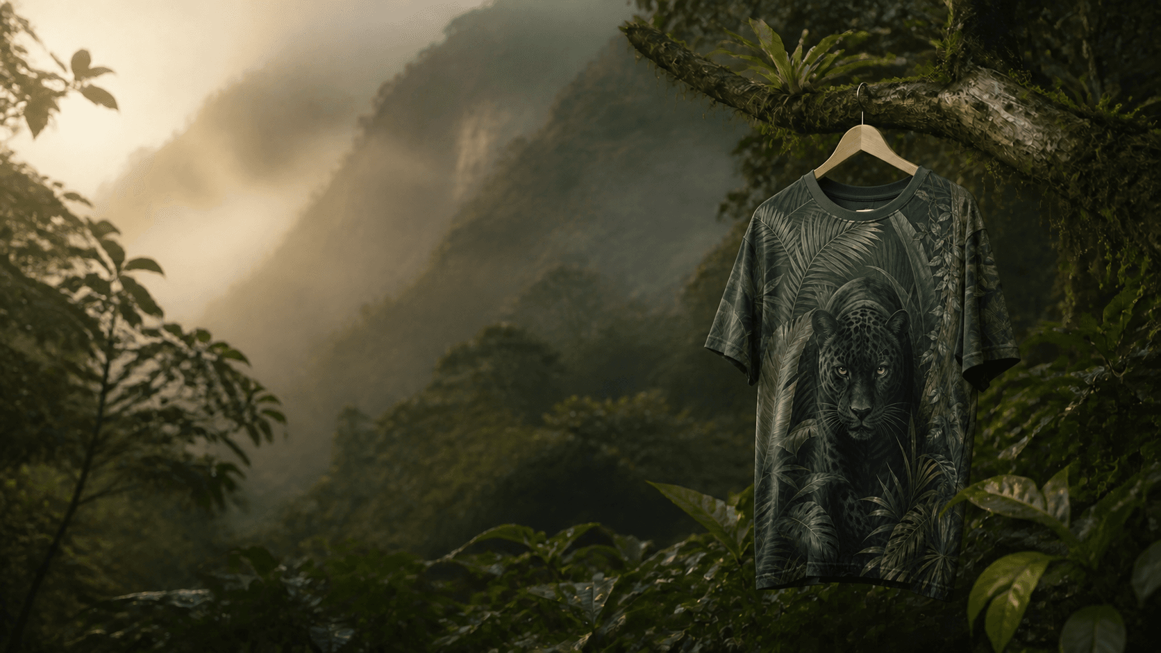 Camiseta Onça Sombria pendurada em meio à Mata Atlântica