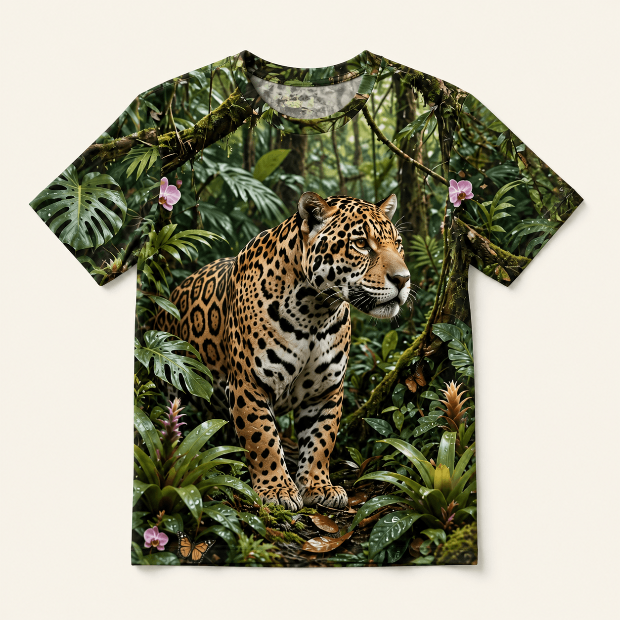 Camiseta estampada com onça-pintada em floresta tropical amazônica