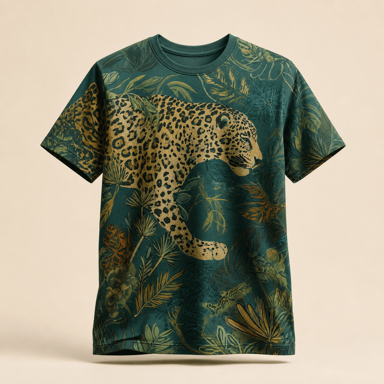 Camiseta verde petróleo com onça dourada e flora brasileira