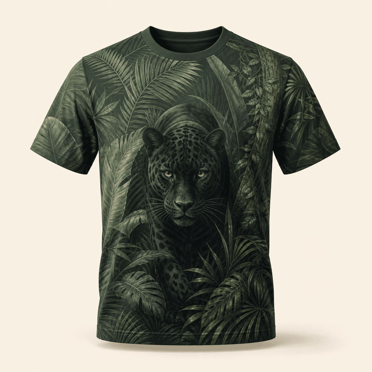 Camiseta verde com onça-preta e folhagens tropicais